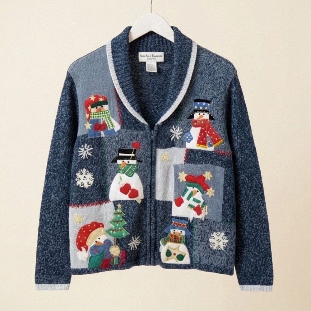Star Blue Originals L Studio Snowman Vintage Cardigan Zip Up Sweater Blue